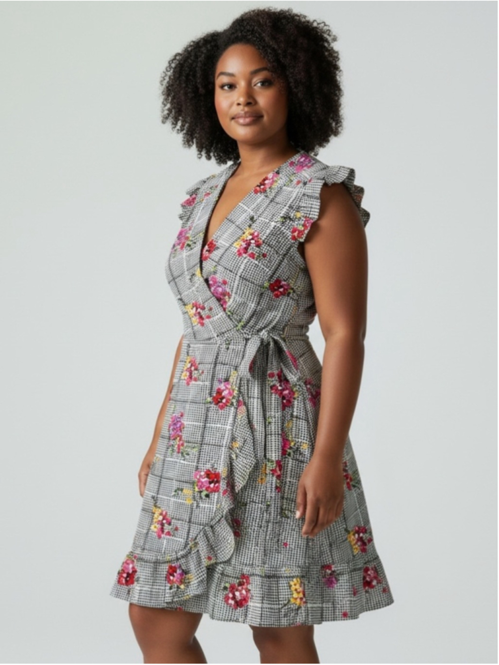 Monteau Black-and-White Gingham Midi Dress with Pink Floral Print